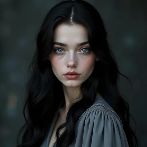 Woman with soft oval face, marked soft jaw, gray-eyed woman with red reflections, elongated eyelashes, soft and shiny dark makeup, nose up, pale skin. Pointed profiled eyebrows. Age nineteen years. Long jet black hair, fluffy and wavy. Nordic, Swedish, god...