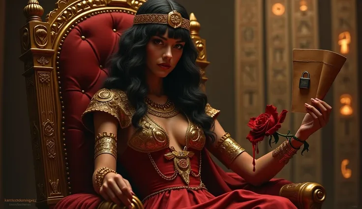 Cleopatra y el Arte Oral: Secretos de Seducción que Conquistaron Imperios"
Prompt: A hyper-realistic depiction of Cleopatra seated on a golden throne, holding a scroll in one hand and a blood-dripping rose in the other. Her expression is seductive and powe...