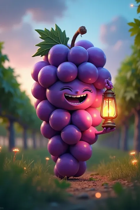 A playful cluster of bright purple grapes with a cheerful face on the largest grape. The rest of the cluster moves together as one body, and he wears a small leafy hat that is tilted. The setting is a dreamy vineyard under a twilight sky, with highlights s...