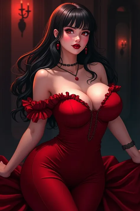 Anime, full hd 8k regulations, Beautiful queen vampire in bold sexy blood red dress,red apple like lips, big breasts, curvy body, dark background 