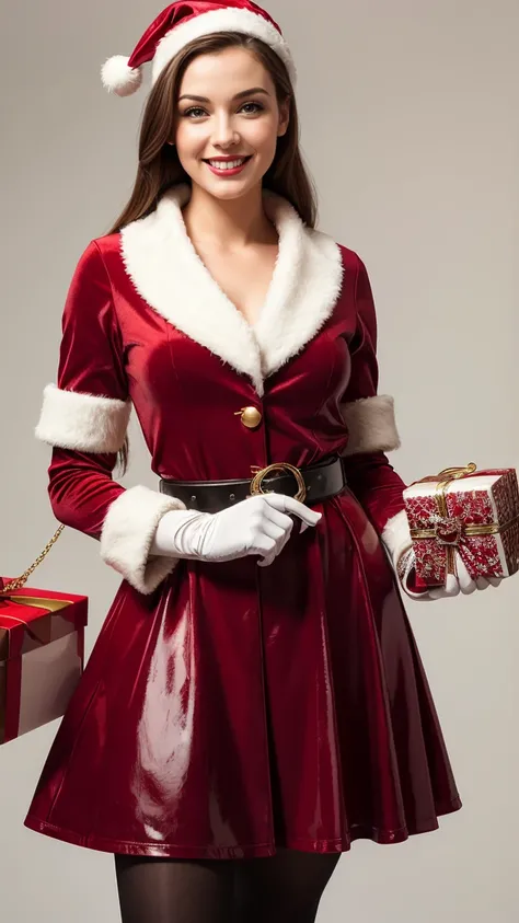 Best quality,  illustrations in acrylic high definition style art, a woman in vintage style, dressed like santa claus clothes, smiling, belt, red velvet gloves, rings, glossy tights, holding a fancy gift package, white background