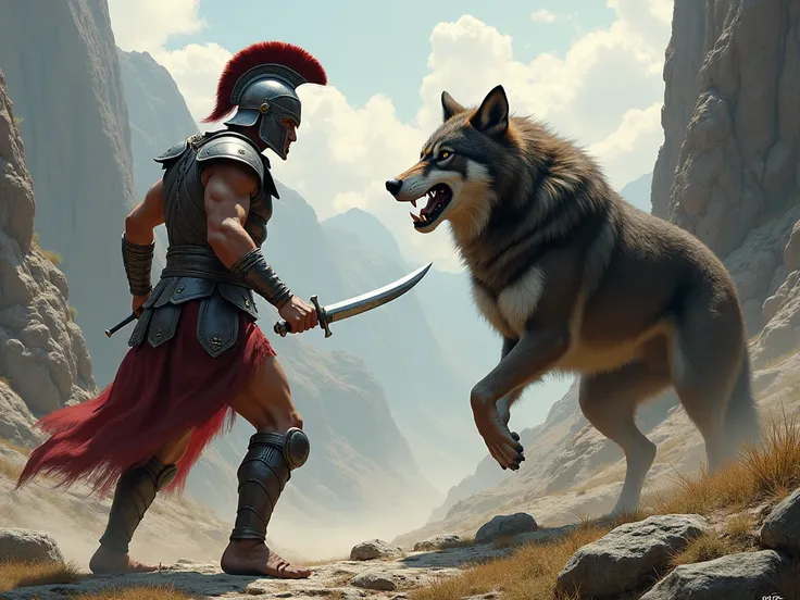 A young Sparta soldier with a knife striking the wolf