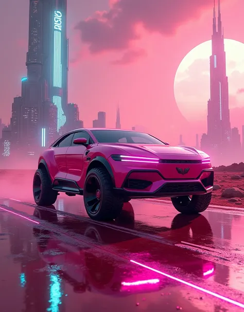 A futuristic view of Mars ,  with a car Cybertruck on an urban track in an advanced Martian city .  The car is bright metallic pink ,  with angular details and vibrant LED lights .  The city in the background features tall, curvilinear buildings ,  designe...