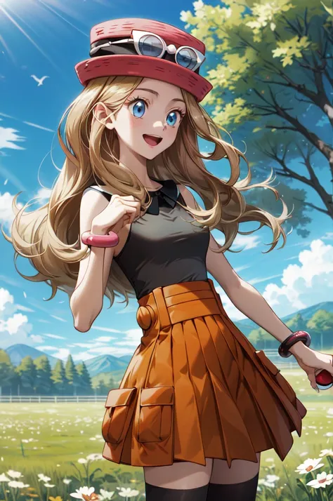 masterpiece, best quality, highres, aaserena, solo, long hair, eyewear on headwear, pink headwear, eyelashes, blue eyes, sleeveless shirt, black shirt, bracelet, high-waist skirt, red skirt, black thighhighs, standing, field, holding poke ball, poke ball (...