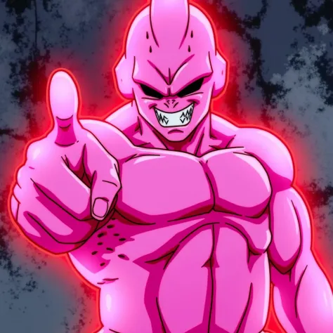 score_9, score_8_up, (masterpiece:1.3), (best quality:1.3), (highly detailed:1.3), (vibrant colors:1.2), powerful humanoid character with pink, muscular skin, inspired by  Buu from Dragon Ball Z, making a thumbs-down gesture, confident and sinister grin, s...