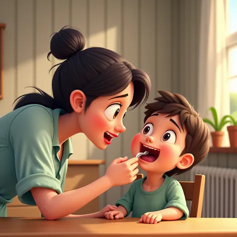 animated picture of mother examining mouth of her  son