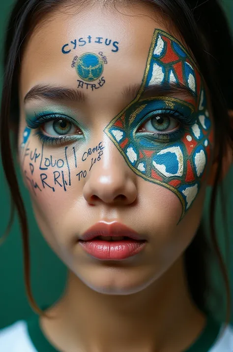 artistic makeup ,  with drawings on the face about soccer, soccer paints on the face  ,artistic makeup  