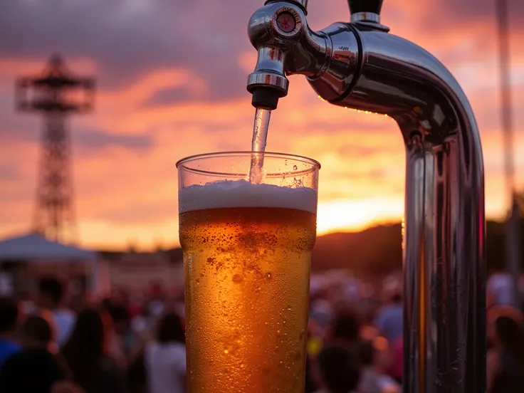 A vibrant sunset sky with shades of orange, pink, and purple dominating the background. In the foreground, a frosty beer tap is dispensing a cold draft beer into a plastic cup. The cup shows condensation droplets, and the golden beer with frothy foam shine...