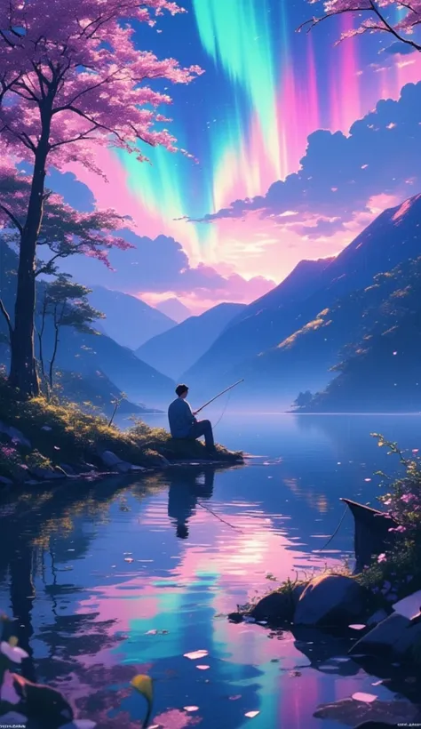 a man is fishing at a tranquil lake. sakura petals are flying around. it is raining, but the sky is filled with beautiful aurora. the lake has a clear reflection of the environment.