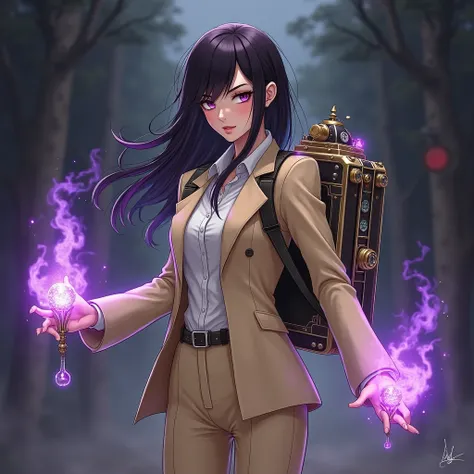 anime art of a woman wearing beige suit and a steampunk backpack holding a small vial and a dagger made of purple energy, victorian steampunk, black background, epic anime style