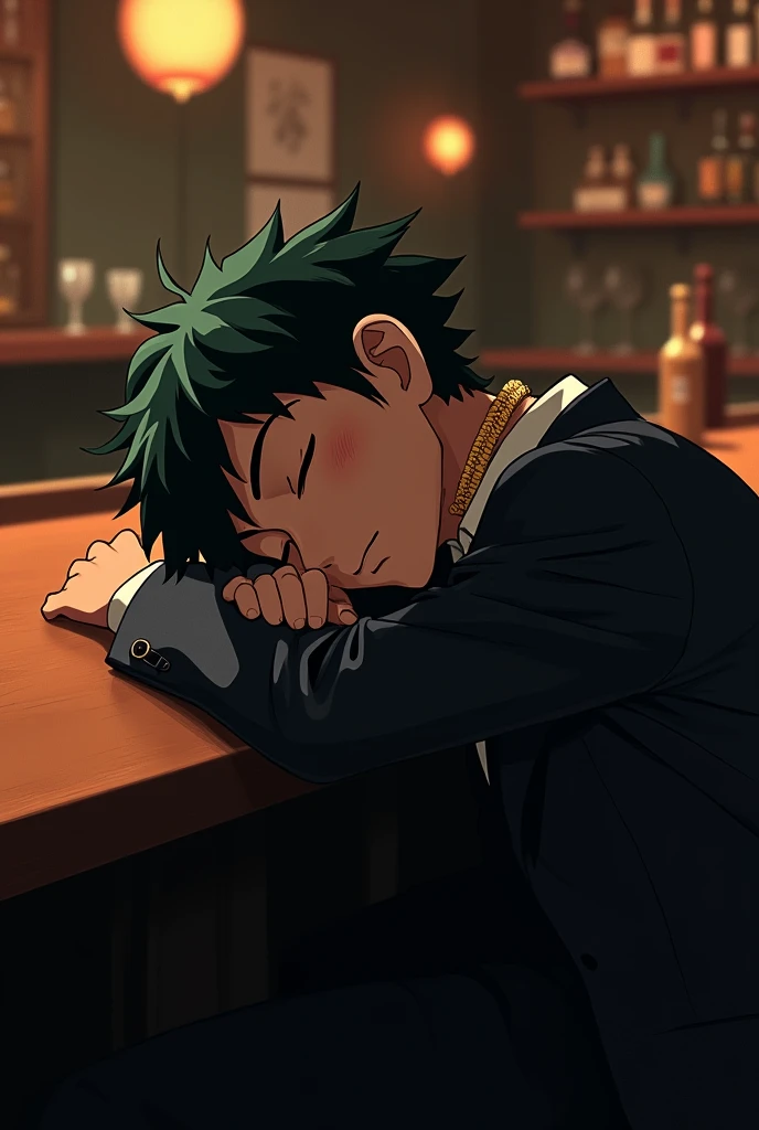 in a bar, Deku is sleeping on the counter , wearing a suit and a gold necklace