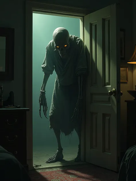 A nightmarish, ultra-detailed digital illustration titled The Intruder, featuring a horrifying, semi-humanoid creature standing in the doorway of a dimly-lit, Victorian-era bedroom, its elongated, skeletal fingers gripping the doorframe as it leers at its ...