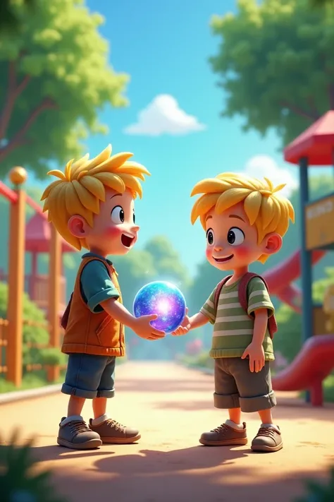 An animated image of a  blond boy with black eyes and a magic ball talking together on the playground