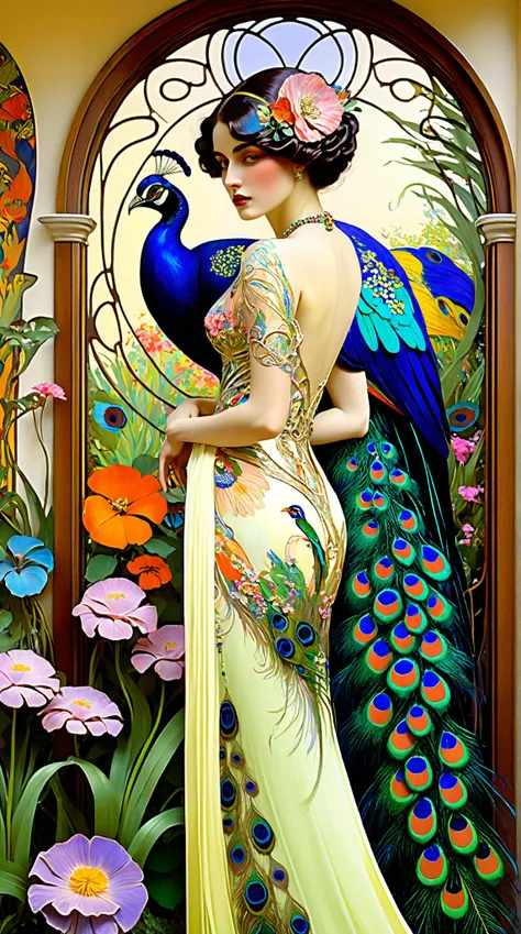 breathtaking Jugendstil scene, Leon Bakst inspired, dreamy fantasy paradise, vibrant, serialist colorful patterns, Art Nouveau style, lush tropical garden, sprawling florals, peacocks, elegant feminine figures, flowing silk fabrics, glittering jewels, orna...