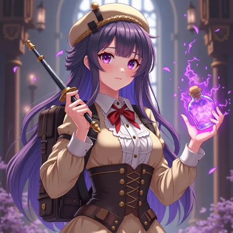 high-quality detailed anime picture art of a woman wearing a detailed beige victorian clothes and a steampunk backpack holding a small vial and a dagger made of purple energy, victorian steampunk setting, detailed victorian background, epic anime style, ma...