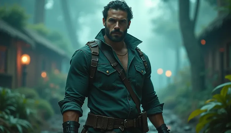 a cinematic shot of a handsome man facing straight, in a player unknown battleground, whimsical fantasy landscape,he is confident, condemned, thrive to defeat anyone, shot on 35mm film, in the style of IMAX Films, teal and dark muted color grading, --ar 16...