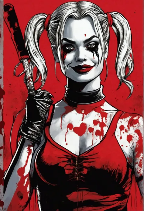 Margot Robbie as Harley Quinn (pig tails, crazy make up, sexy Christmas elf outfit (lots of skin), blood spatter on her, bloody mallet) crazy sexy approach viewer mallet raised
