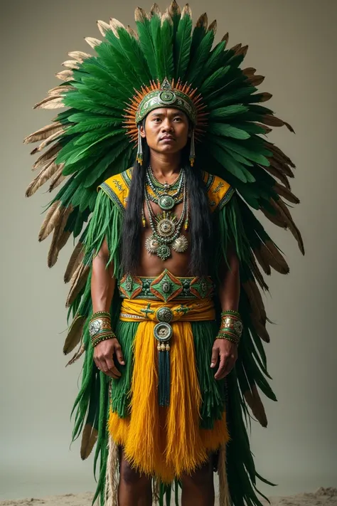 Indigenous man with a large green headdress up to his waist and standard green and yellow indigenous clothing 