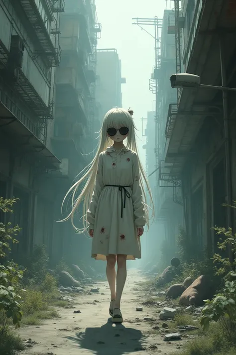 Blind anime girl wounded and pale ,  with glasses and a long ponytail in an Abandoned City 