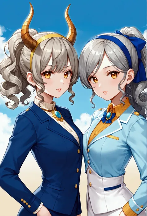  Adult woman , short stature, pretty face,  amber eyes,  tinted lips ,  curly gray hair in a ponytail on the head,  headband with amber horns , sky shirt ,  heavenly pencil skirt , blue jacket,  amber neck brooch with bow 