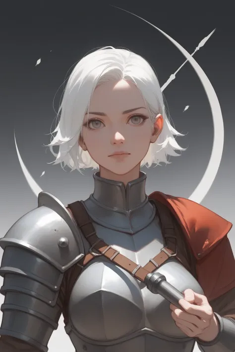 A character portrait picture of a female warrior ((in front of a detailed fortress background)). Physically, the warrior has a (medium build), with pale skin, and is holding a mace. Her white hair is short. She has range eyes, and also big breast. She is w...