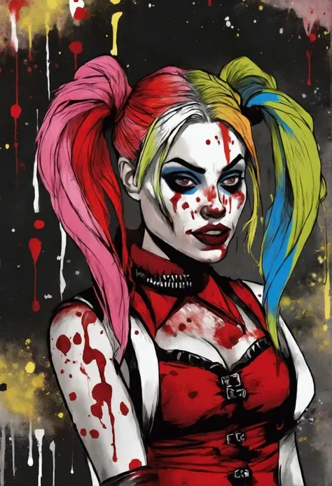 Margot Robbie as Harley Quinn (pig tails, crazy make up, sexy Christmas elf outfit (lots of skin), blood spatter on her, bloody mallet) crazy sexy approach viewer mallet raised, head to toe
