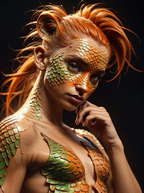 (orange-scaled reptoid, dragonkin face, brown scales:1.2), intoxicating ponytail, kiper, real skin, segolily nose, (narrow face), slender face, lupine, tribe of ephraim, irish genes, dark hazel eyes, scottish nose, lioness fox, cybercat, (high forehead, fr...