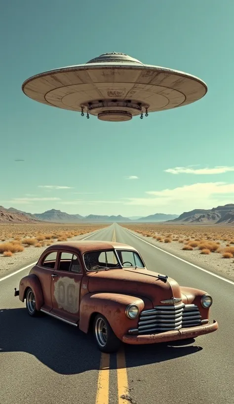  Abandoned car in the middle of the Route 66 road with the bottom of the completed road, And a UFO flying over  