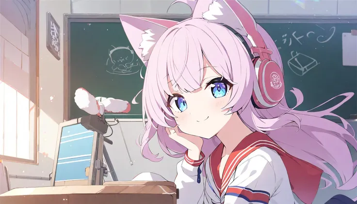  Beautiful Nekomimi girl 1 school uniform navy white,hair, listening to music with headphones、 inside the room Classroom with blackboard next to it  High resolution,  looking at the spectator, smile,  blue eyes ,  High resolution, Anatómicamente correcto,