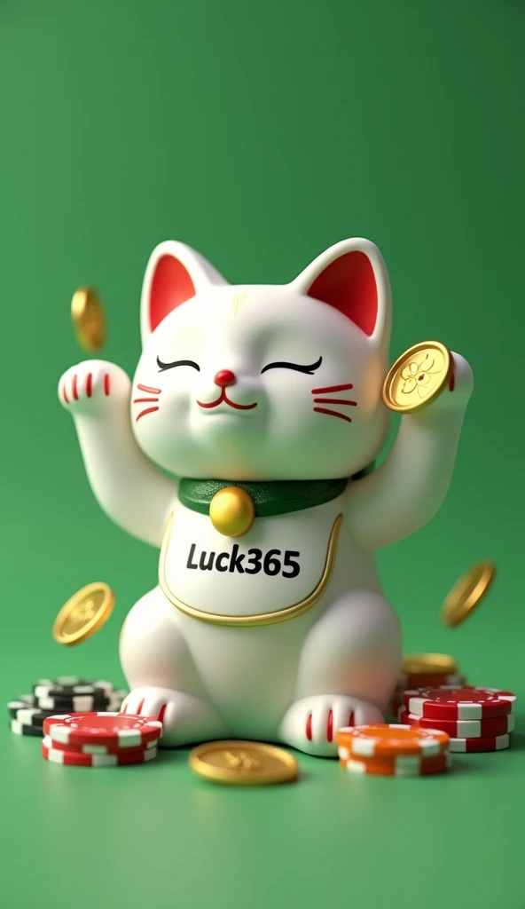 make me an animated picture of a white lucky cat holding gold coins and poker chips wearing a shirt and the luck365 logo on a plain green background