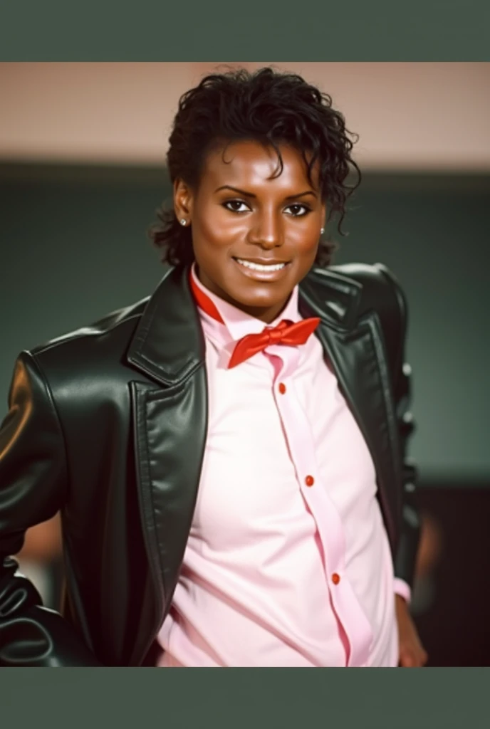 Jaafar as Michael Jackson 1982 black outfit open leather jacket pink shirt red crosstie  Billie jean music video lightly smile neutral looking at your directly short hair 4K 