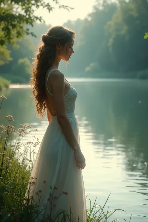 A beautiful woman at the edge of a lake contemplating the water one afternoon