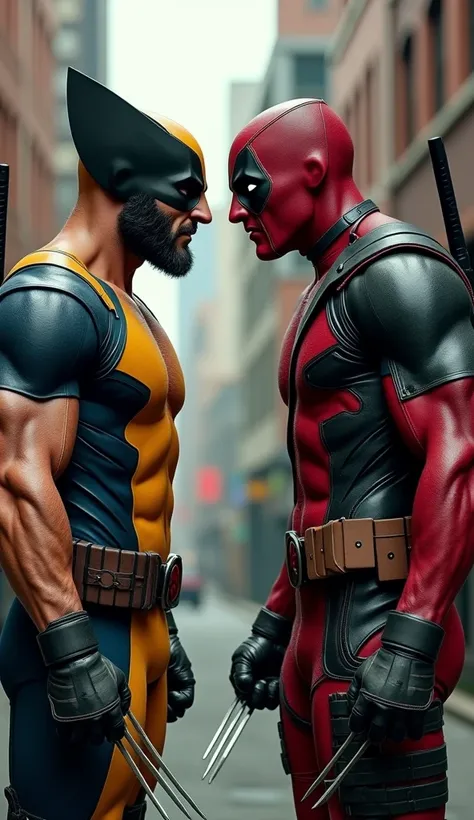 Wolverine, Deadpool, two superheroes, standing together, intense stare, detailed facial features, chiseled physiques, leather and tactical gear, urban backdrop, dynamic pose, cinematic lighting, vibrant colors, gritty realism, comic book style, masterpiece...