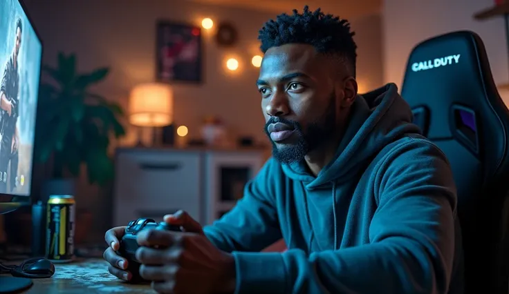 A young black man with a short haircut with a gray beard in his bedroom gamer playing Call of Duty