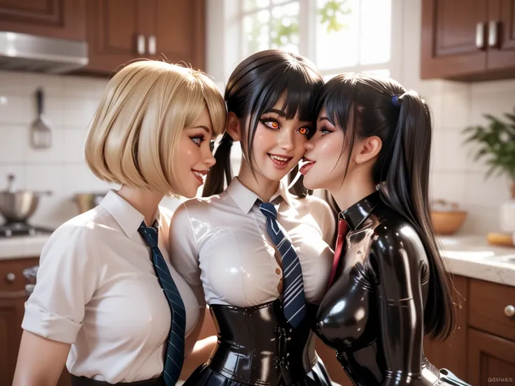 Mother and 3 girls in extremely tight shiny black latex shirt blouse buttoned with tie, with corset with skirt ,  black hair, Lens reflection, Reflected light, Verführerisches smile,  long hair, Spiral eyes,  very strong shiny skin , Strong Makeup, saliva,...