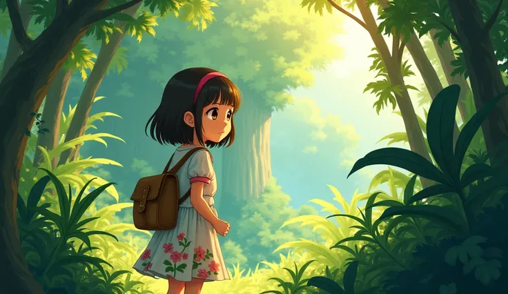 Anime style Lylla  a  girl with big, curious eyes and shoulder-length hair. She wears a simple floral dress and carries a small satchel., she stands in a dense jungle, her face amazed, captured in a side pose. The background is vibrant, with towering trees...