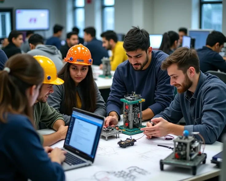 A group of engineering and IT students collaborating in a lab environment at a Pakistani university. They are working on laptops and discussing technical drawings, circuit boards, and coding projects. Some students are wearing safety gear like helmets and ...