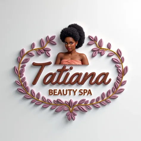 A 3D logo centered design on a white gray wall featuring the uppercase initials TATIANA BEAUTY SPA in a textured cursive signature style. ,  is displayed in an elegant font. Above the text, an illustration of a woman Afroamerican giving a massage is framed...