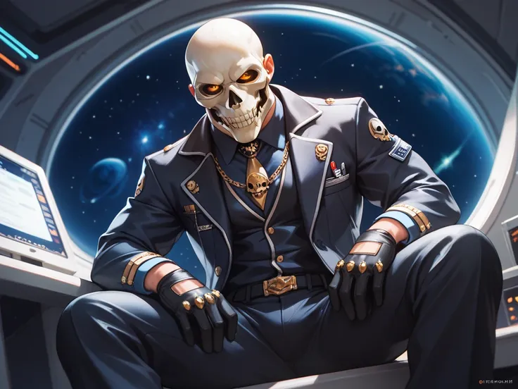 man in skull mask in suit, arms spreaded wide, space, black hole behind