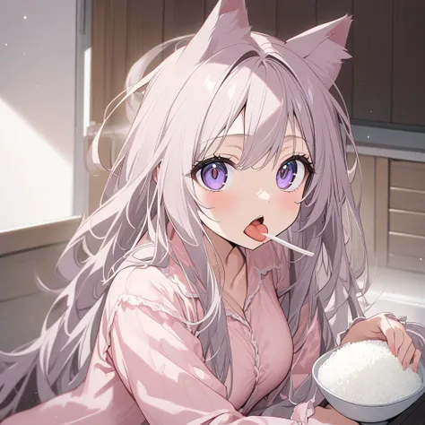 1 , Alone,  Long hair,  looking at the viewer , Rice,  Open mouth,  Tongue sticking out, fringe,  Big breasts ,  cat ears ,  High resolution, in pajamas