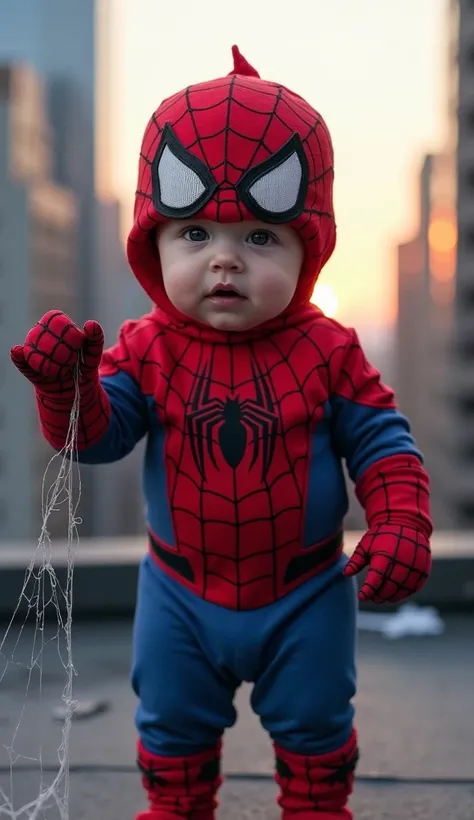 Realistic Baby Spider-Man :
"A baby standing up,  wearing a Spider-Man costume with extremely realistic details:  the textured red and blue fabric with raised webs ,  the glowing white eyes of the mask and gloves with details on the fingers . He is on a bu...