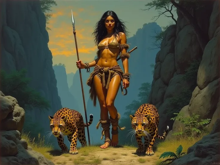 Frank Frazetta’s The Huntress is an evocative painting that showcases his signature style of blending raw power, beauty, and mysticism. It depicts a striking female figure, a huntress, standing poised with a commanding presence. She has a strong, athletic ...