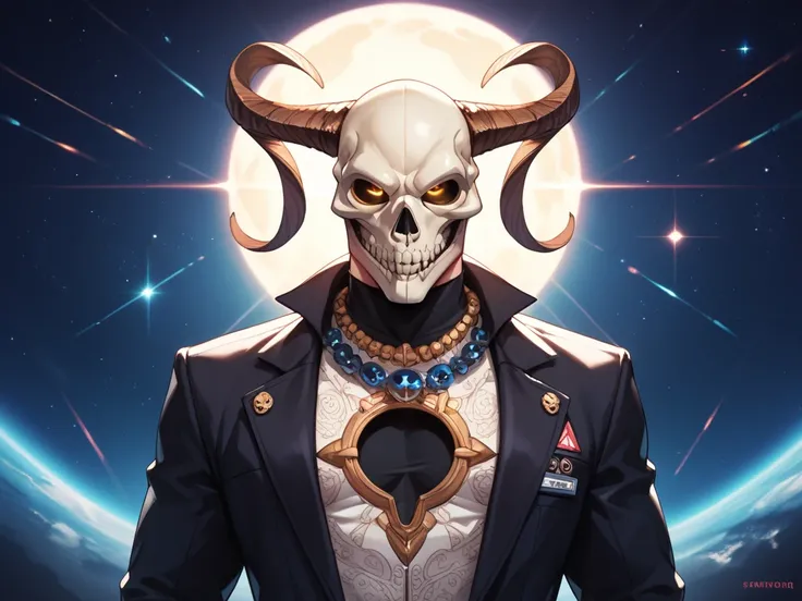 man in skull mask in suit, arms spreaded wide, color space, big black hole behind