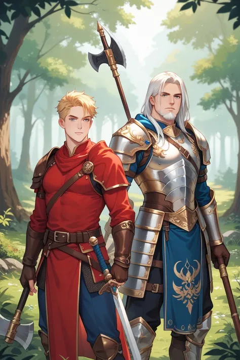 4 characters in the forest
1. **man:**  blonde hair , smooth and layered,  wearing red clothing with armor .
2. **man:** smooth white hair , wearing a hood, two daggers as weapons ,  predominantly blue outfit with black details and a cloth surrounding the ...