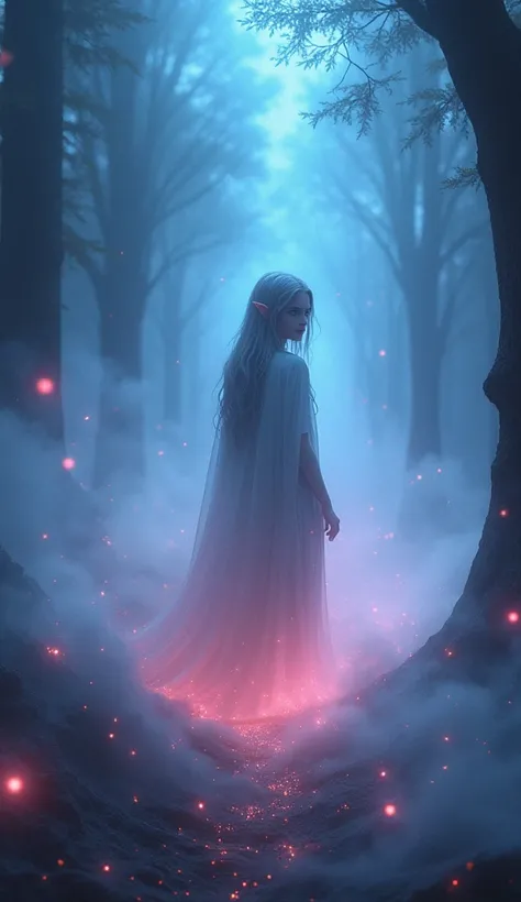 mysterious fog, iridescent, neon dust, shading effects, gradation magic effects, foggy filter effects, glitter effects, graphic CG digital art, The elf in the photo is looking back at us.