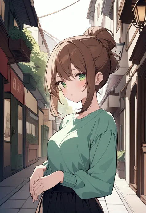 One with long brown hair tied together, light green eyes, wearing casual clothes