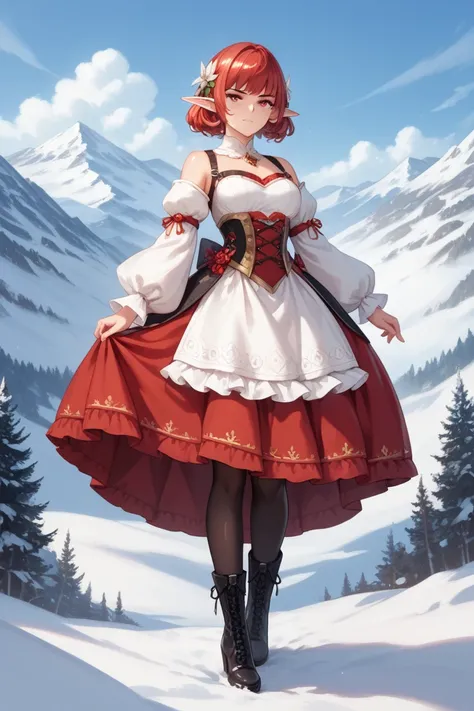 super fine illustration,shiny skin,fine skin,very cute and beautiful girl, elf girl with short ears, beautiful face, frowning and looking towards me, grumpy-looking, beautiful red eyes, red hair, Image of a woman in a black and red dress, fantasy costume, ...