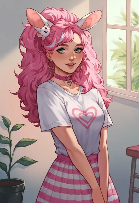 FIRST WORK,  best quality ,  a young woman ,  she has medium breasts ,  around 20 years old, looking at a mouse , She has big hair ,  pink hair with white highlights, pink choker,  wearing a pink t-shirt , pink and white striped skirt , Rabbit hair ornamen...