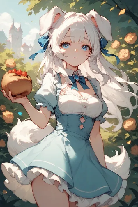 a hot  anime dog girl with  floppy ears and tail, who has long  white hair and blue eyes and is wearing a dress 