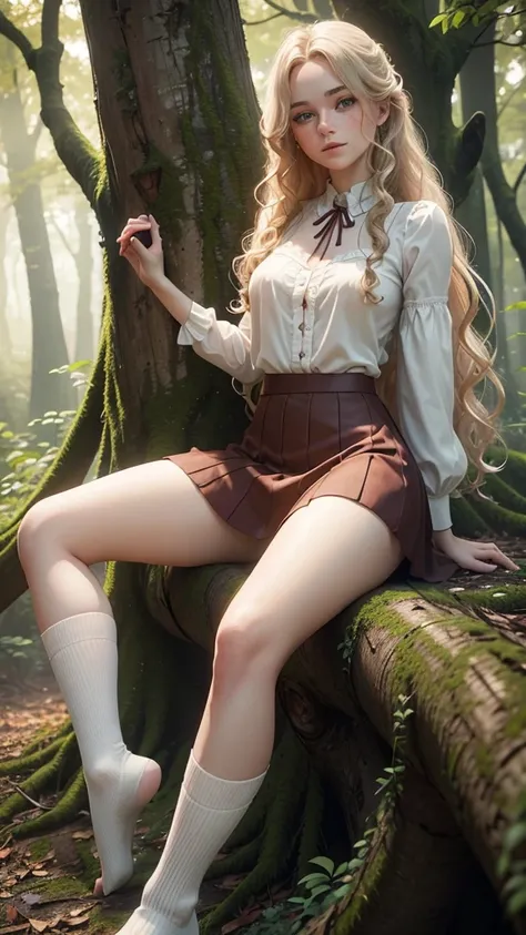 A 3D render of a professional photo of a 20-year-old rehead with very long wavy hair. She has freckles on the face and intense green eyes. She is provocatively posing by sitting on a fallen tree in a forest. She is wearing long white fishnet socks with jar...